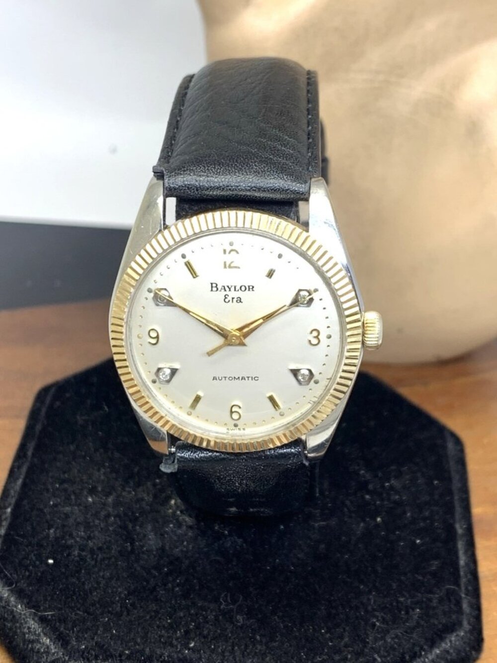 Baylor Men's Watch Vintage 1580 Swiss Automatic Silver Dial Black Leather Strap